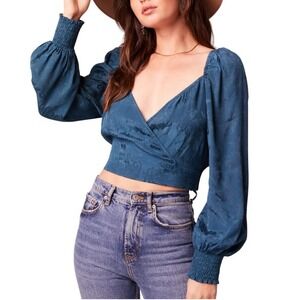 Band of the Free Romantic Boho Floral Blouse Teal Deep V Neck Long Sleeve Size L